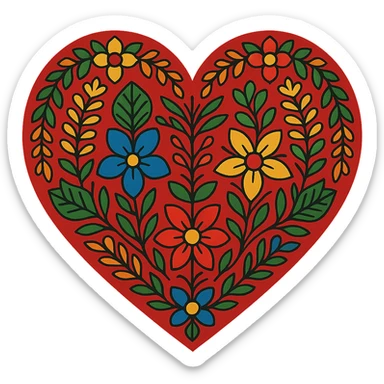 red heart with Slavic folk art, bold nature motif, bright folk colors, geometric flowers and leaves, border around heart sticker