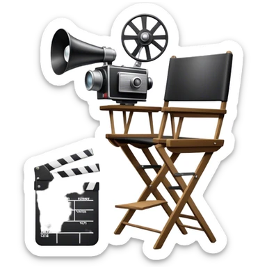Icon for Directing: a director's chair, a film clapperboard, large movie camera, vintage megaphone and a stage with a spotlight. The icon should represent the creative and organizational aspects of directing, with focus on storytelling, staging, and performance. Transparent background. sticker
