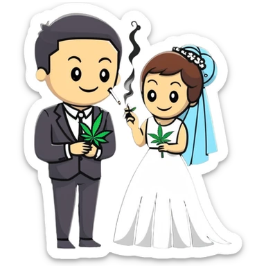 Full body view of person in fancy clothes sneaking into a wedding ceremony with a mischievous grin, uninvited guest, smoking cannabis sticker