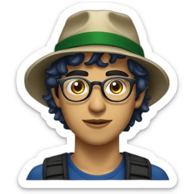 young algerian guy with dark blue smoking, thin gold transparent glasses, wearing black fishing hat with a scar on left cheek sticker