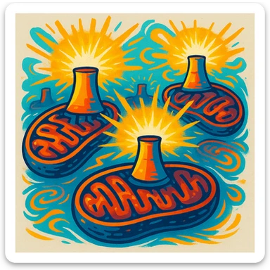 stylized mitochondria as nuclear power plants, visibly radiating energy, updated DALL·E 3 style, vibrant colors, no foreign organs or objects, neutral background sticker