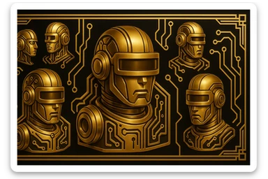 Create a 3.5:1 ratio art deco banner featuring the gold and black robot logo with stylized circuitry. Include multiple variations of the robot's head, arranged in a visually balanced way. No text, streamlined forms, bold outlines, elegant art deco details. sticker