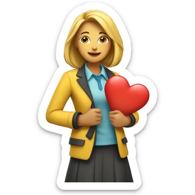 A female teacher in a yellow jacket holds a heart in her hands sticker