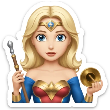 Blonde blue eyed Wonder Woman holding white orchestra conductor’s baton and bell  sticker
