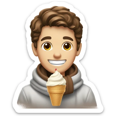 White boy so hungry he’s eating ice cream with his brown hair, brown eyes, big smile, and a scarf sticker