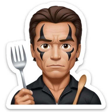 Young Arnold Schwarzenegger from the Commando poster wearing black with war make up on ready to fight with fork and spoon seen above chest  sticker