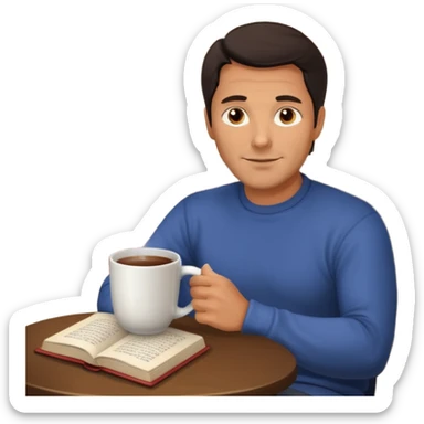 Handsome 45 year old man with dark hair sitting by a fireplace with a hot drink and a book. sticker