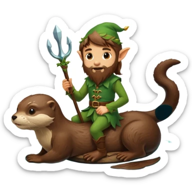 tiny forest elf man long brown hair beard riding an otter sticker