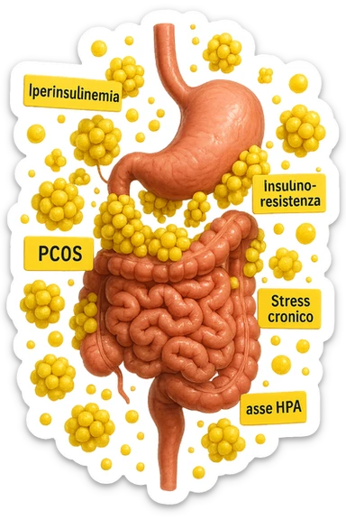 STOMACO E INTESTINO SONO VERTICALMENTE COLLEGATI E INTORNO A QUESTI ORGANI CI SONO CELLULE DI GRASSO GIALLE ATTACCATE SOPRA A GRAPPOLI, intorno fluttuano cellule di grasso giallo e alcune targhette con queste parole "Iperinsulinemia", "insulino-resistenza", "PCOS", "Stress cronico", "asse HPA", IPERREALISTICO 4K sticker