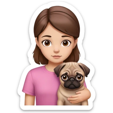 Young Girl with pink shirt brown hair and brown eyes and brown pug sticker