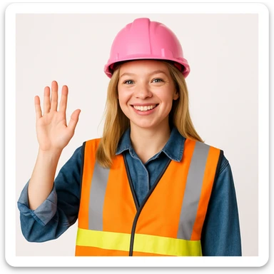 blonde girl construction worker, pink helmet, safety vest, waving, clean background sticker
