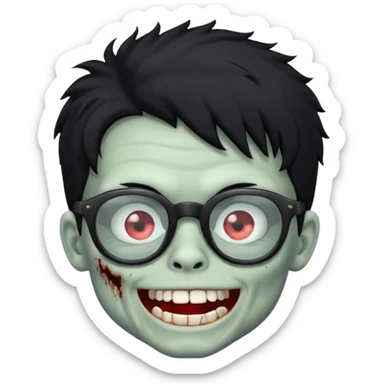 Zombie boy with fluffy hair wearing glasses while showing his white teeth sticker