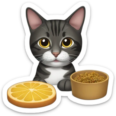 Black mackerel tabby cat eating a dog sticker