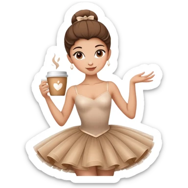 Elegant ballerina in a cappuccino-colored tutu, posing gracefully with a coffee cup sticker