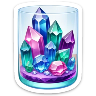 Close-up of vibrant, multicolored crystals growing in a glass container on a wooden table. Crystals in shades of purple, blue, green, pink, and clear are forming in various shapes and sizes. Soft light shines on them. Cozy indoor setting with plants and soft decor in the background. sticker