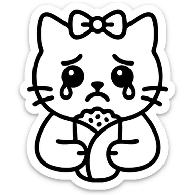sad white cat holding a dürüm, teary eyes, light pink ribbon on head, icon style sticker