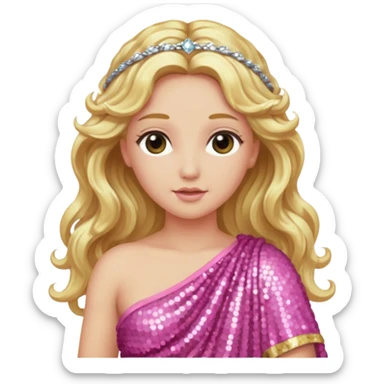 Aphrodite from Greek Gods with long blonde wavy hair, pink sequin toga sticker