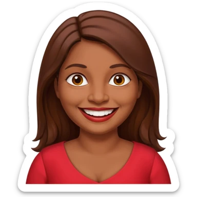 50 yr old chubby Sri Lankan woman, dark skin, straight brown hair, big smile, white teeth, red dress clothes, longer hair sticker