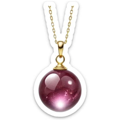 A polished round ball wine granite pendant suspended from a delicate gold chain, like a drop of enchanted starlight, glowing with the warmth of passion and the quiet power of transformation ethereal floating magical moving sticker