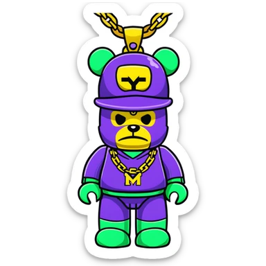 classic bearbrick figure with lime green mask covered in chaotic brand logos, wearing several large gold chains, gold pendant, rapper style accessories, expressive eyebrows sticker