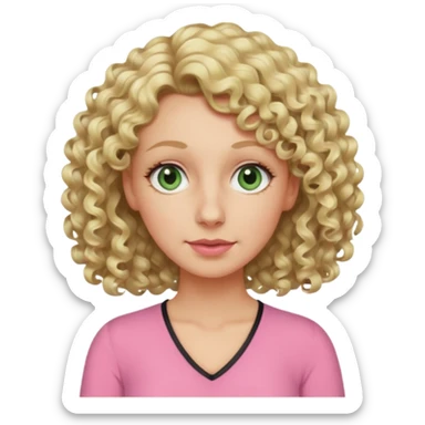 a woman in her late 40s and has greyish greenish eyes and blonde curly hair wearing a pink top  triangle nose sticker