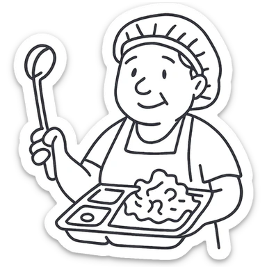 hand-drawn outlined icon of a lunch lady holding a ladle and a tray of gross food sticker