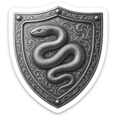 Engrave this steel shield with elegant silver engravings, keeping it crisp, shiny, and slightly fancier than iron. Realistic metallic steel style, emoji style, transparent background. sticker