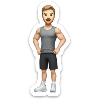 Full height Actively gesturing with hands Pale skinned Fit Man With the biceps and brown hair in dark gray Sleeveless Mike, black oversize sports shorts, watch and white Sneakers sticker