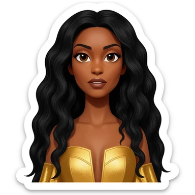 Solange with long black hair, gold outfit sticker