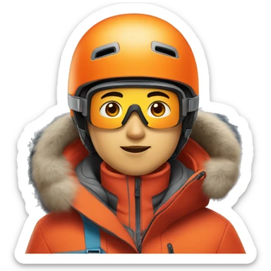 asian boy expert skier with red jacket with orange helmet sticker