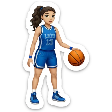 full body plus size light skin latino women basketball player with wavy dark hair in pony tail wide nose wearing blue uniform with green accent sticker