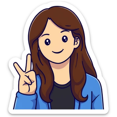 Young woman with long brown hair, smiling, making peace sign, TikTok star sticker