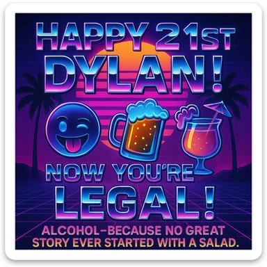 Completely change the style to vaporwave: neon colors, retro 80s grid, palm trees, synthwave sunset, chrome text, and keep the funny drink quote. Make it look digital and bold. sticker