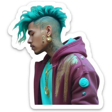 Vintage grunge patina intricate swirls gold jewellery baroque golden sparkle tropical Deep pink maroon burgundy cyan dark hoodie man dyed hair gold piercings nose piercing ear piercings sticker