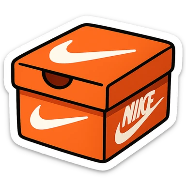 stylized cartoon Nike shoe box, bold orange color, white swoosh, playful proportions, transparent background sticker