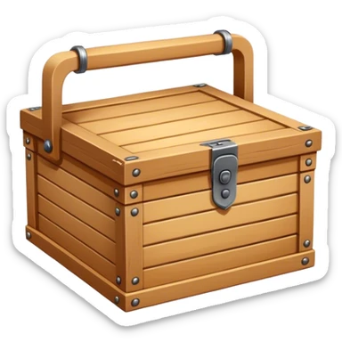 A rectangular or square box, usually made of wood or metal, used for storing items, often with a lid and handle sticker
