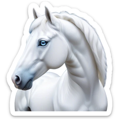 Cinematic Noble White Horse Portrait Emoji, Poised and regal, with a strong, athletic build and a pristine, well-groomed pure white fur, deep-set soulful blue eyes, Simplified yet sharp and sophisticated features, highly detailed, glowing with a soft, dignified glow, high shine, intelligent and majestic, stylized with an air of ethereal grace, focused and attentive, soft glowing outline, capturing the essence of a watchful and confident steed, so majestic it feels as though it could gallop out of the screen with effortless authority! sticker