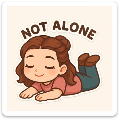 Create a chibi sticker of the girl from the reference image, lying on the ground with a 'not alone' vibe, relaxed and gentle expression. sticker