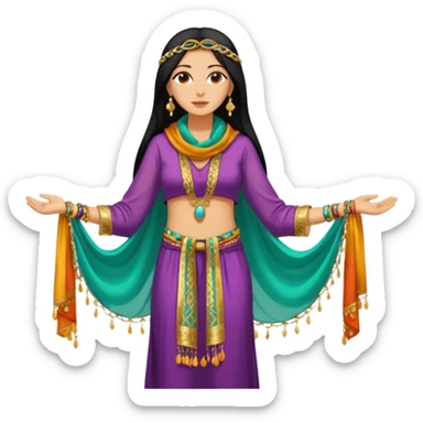 Mujer joven, morena, 
Negro, largo y brillante, suele ir cubierto parcialmente por un velo o pañuelo oriental.inspiración árabe: túnica colorida , con detalles dorados o lentejuelas; brazaletes y pendientes.cuerpo entero sticker