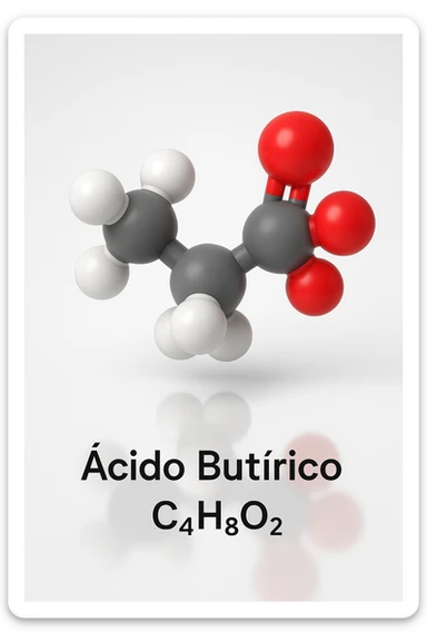 a detailed space-filling model of butyric acid, with each atom color-coded (carbon: gray, hydrogen: white, oxygen: red). The molecule is centered and slightly rotated to show depth, with a subtle reflection on the surface below. The name “Acido Butirrico” and the formula C4H8O2 appear as clear labels. sticker