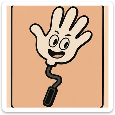 cartoon style plastic slap hand with white hand, black handle stick, black border sticker