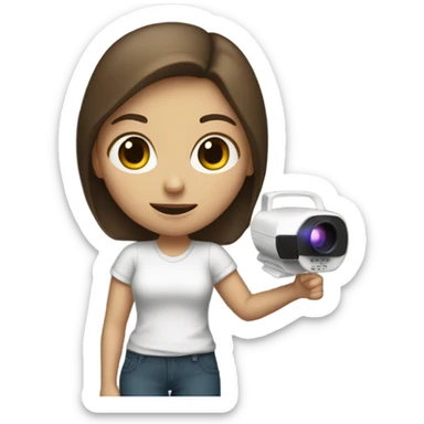 White girl with brown hair holding a projector, shaking her finger no sticker