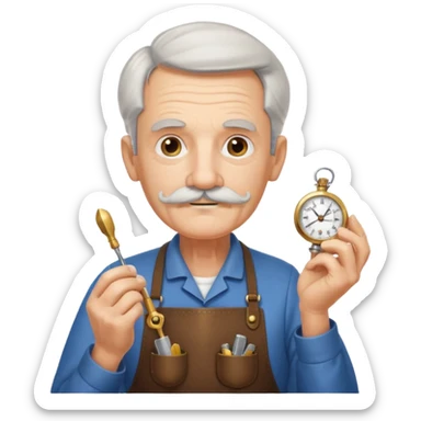 A gentle elderly inventor with tidy mustache, apron, and miniature clockwork device.
 sticker