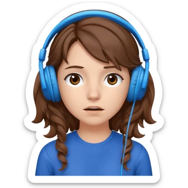 An upset girl with wavy hair listening to music with blue headphones sticker