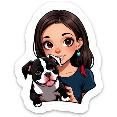  beautiful girl with choppy long dark hair with her nose piercing and her black iPhone with her her pet pit bull girl with an underbite layed next to her sticker