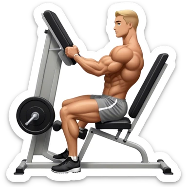 side-view bodybuilder seated weighted calf-raise machine lower leg exercise sticker