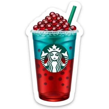Teal-blue colored Starbucks refresher with red bobs pearls at the bottom sticker