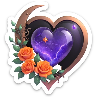 gothic heart made of bronze glass, silver crescent moon, orange roses, holographic stardust, neon purple lightning, wet and cracked glass sticker
