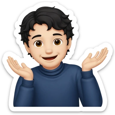 a boy with black wavy hair smiling very big but strangling his neck with his hands sticker