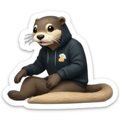 otter in black adidas hoodie playing with a yorkshire sticker